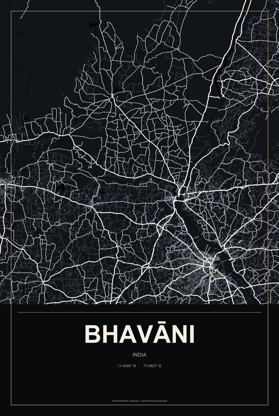 Bhavāni, India City Map Aluminum Sign in Metropolitan Noir style