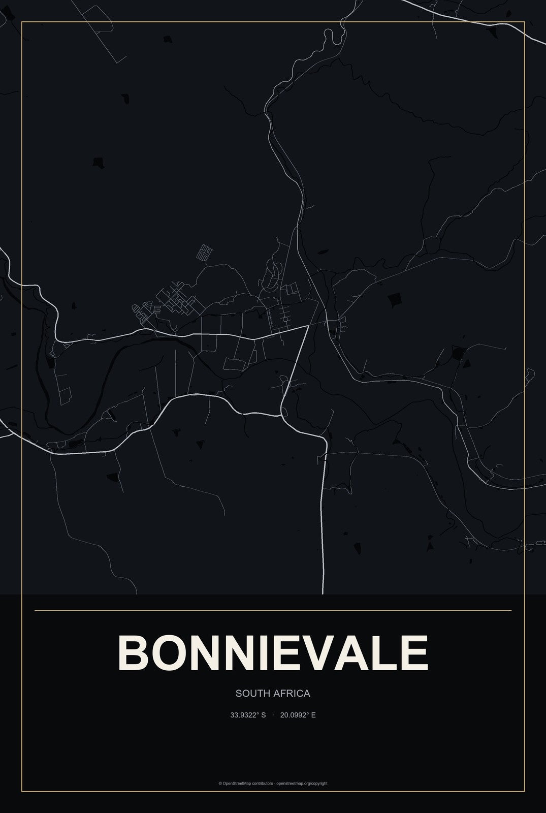 Bonnievale, South Africa City Map Aluminum Sign in Metropolitan Noir style