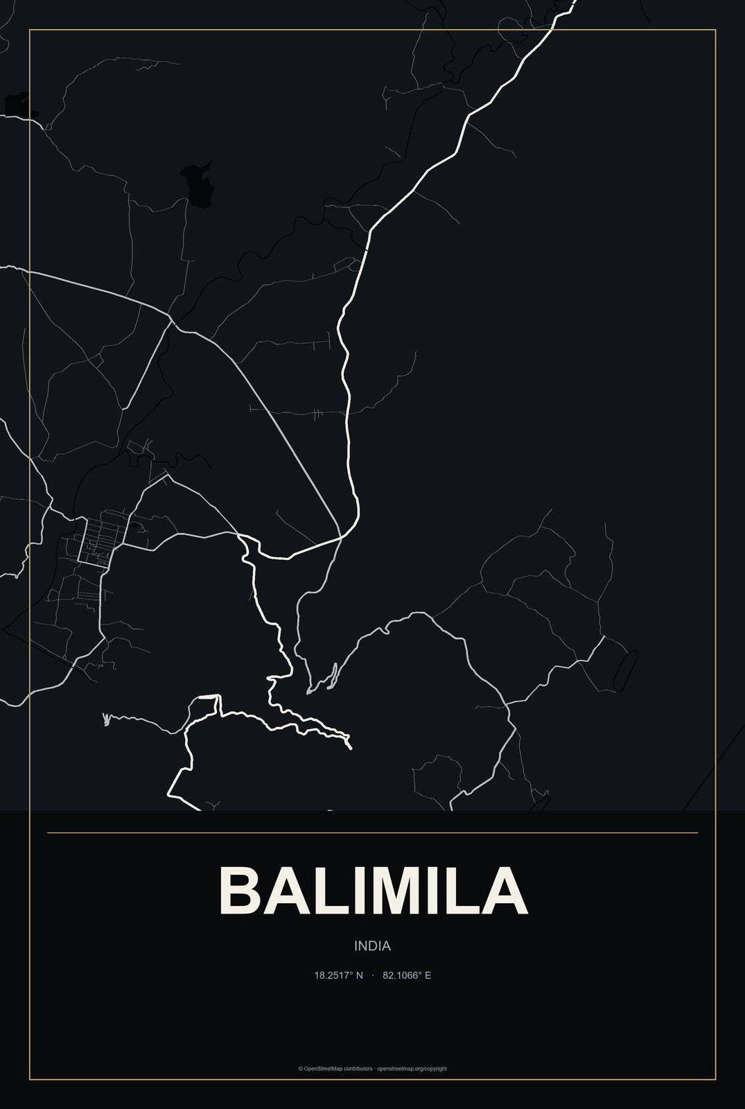 Balimila, India City Map Aluminum Sign in Metropolitan Noir style