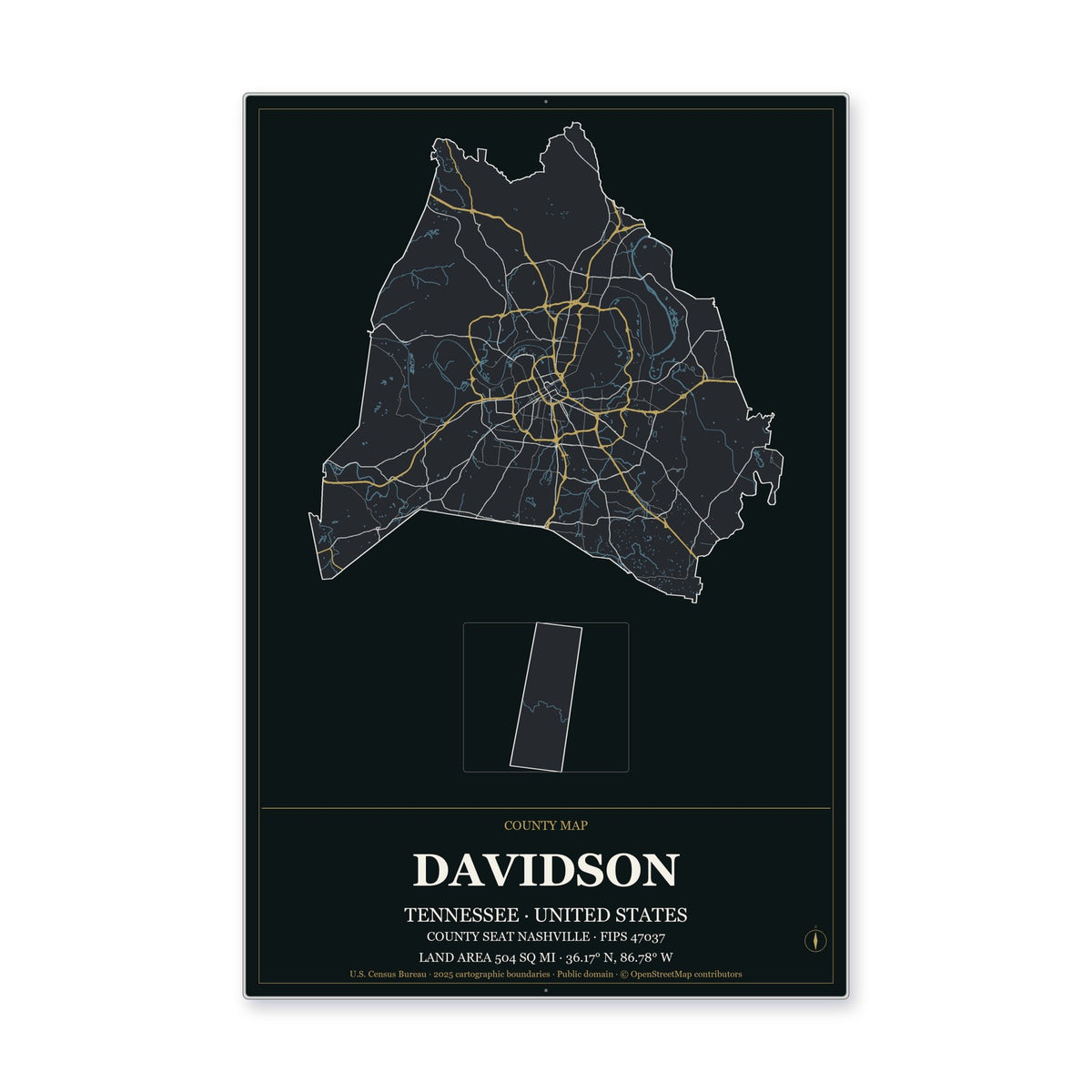 Davidson County, Tennessee Map Aluminum Sign in Metropolitan Noir style