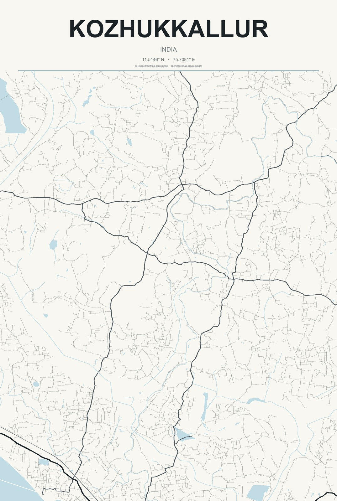 Kozhukkallur, India City Map Aluminum Sign in Headline Atlas style