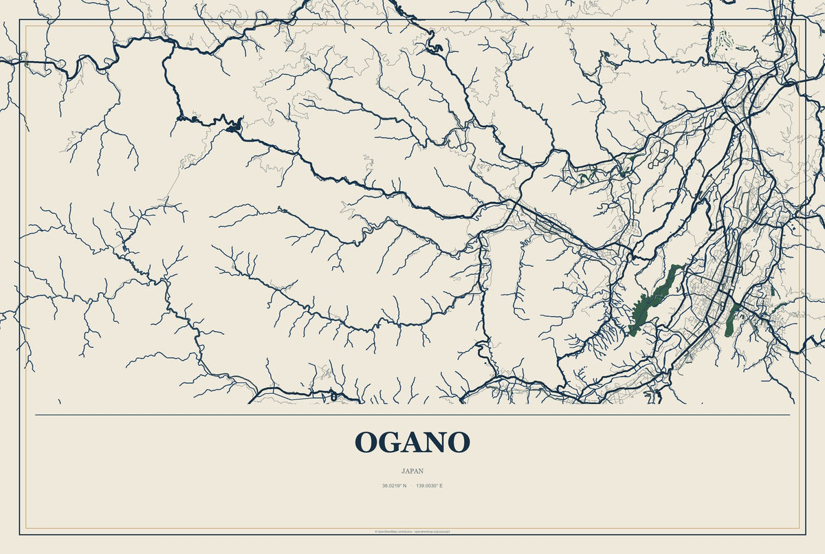 Ogano, Japan City Map Aluminum Sign in Coastal Cutout style