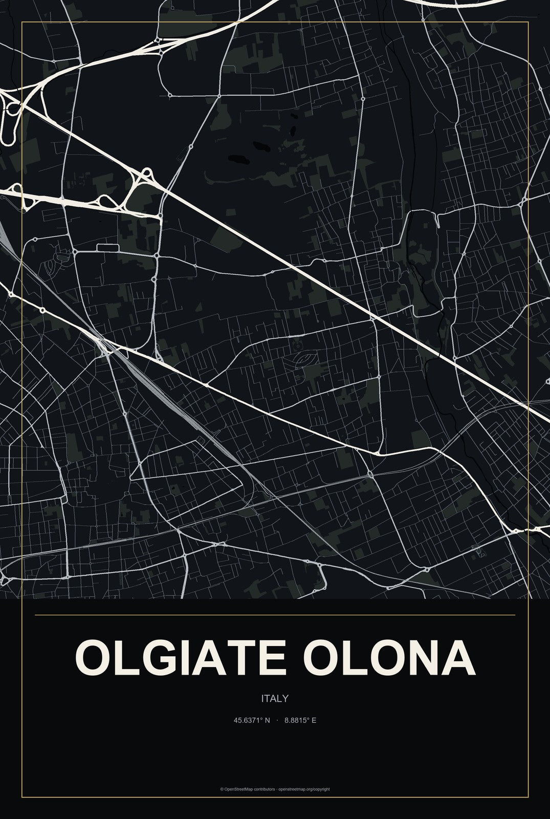 Olgiate Olona, Italy City Map Aluminum Sign in Metropolitan Noir style