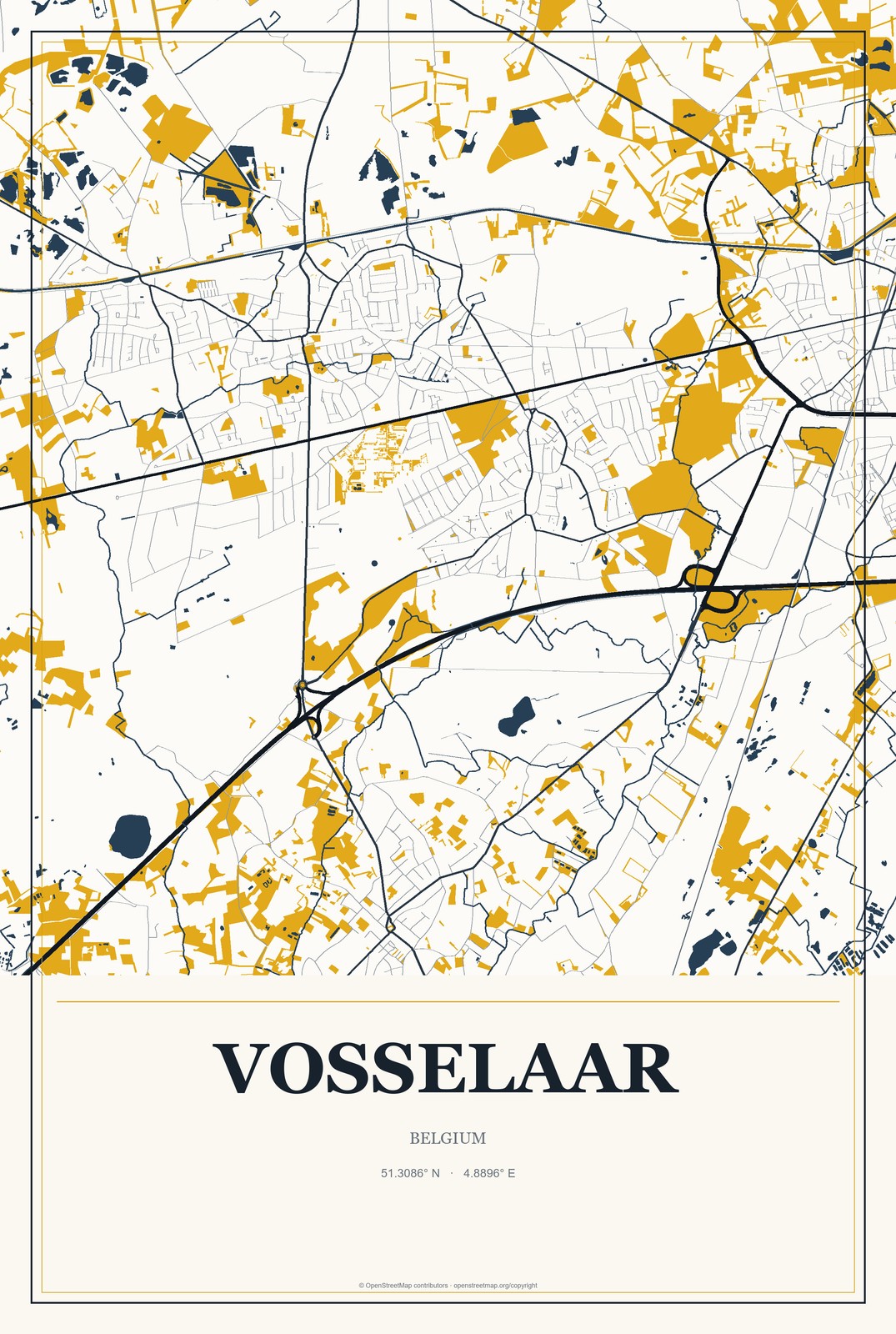 Vosselaar, Belgium City Map Aluminum Sign in Citrine Modern style