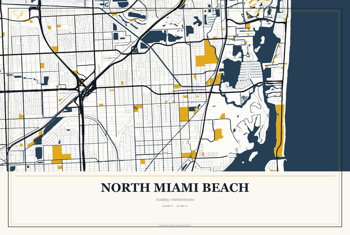 North Miami Beach, Florida City Map Aluminum Sign in Citrine Modern style