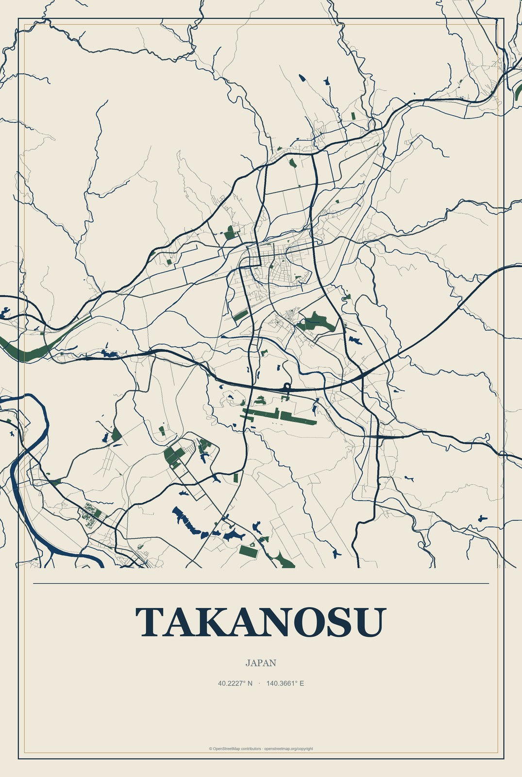 Takanosu, Japan City Map Aluminum Sign in Coastal Cutout style
