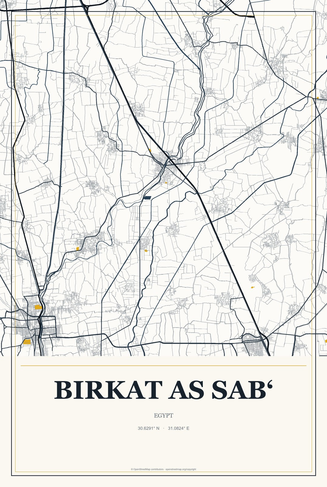 Birkat as Sab‘, Egypt City Map Aluminum Sign in Citrine Modern style