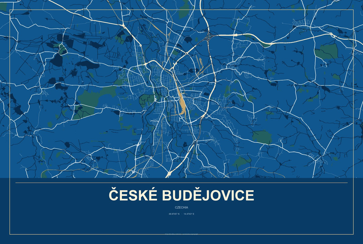 České Budějovice, Czechia City Map Aluminum Sign in Harbor Cobalt style