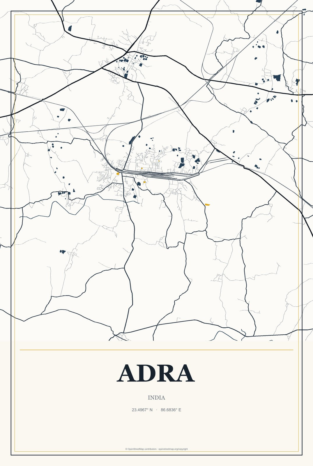 Adra, India City Map Aluminum Sign in Citrine Modern style