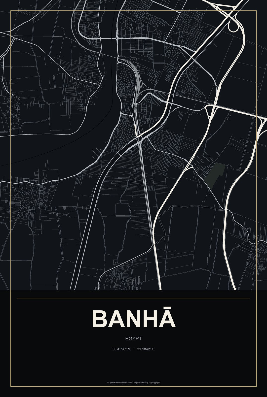 Banhā, Egypt City Map Aluminum Sign in Metropolitan Noir style