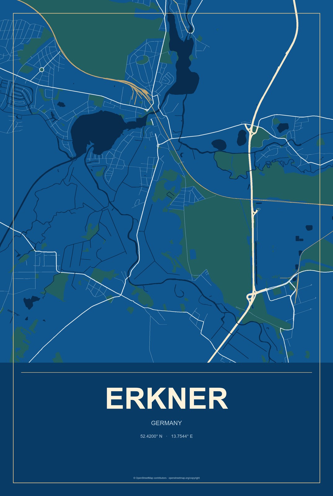 Erkner, Germany City Map Aluminum Sign in Harbor Cobalt style
