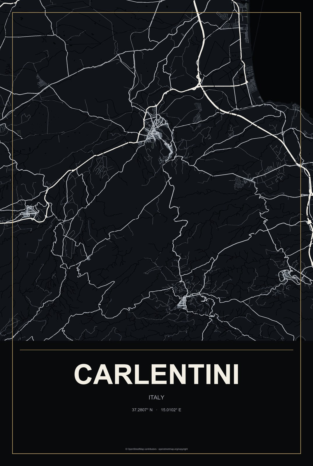 Carlentini, Italy City Map Aluminum Sign in Metropolitan Noir style