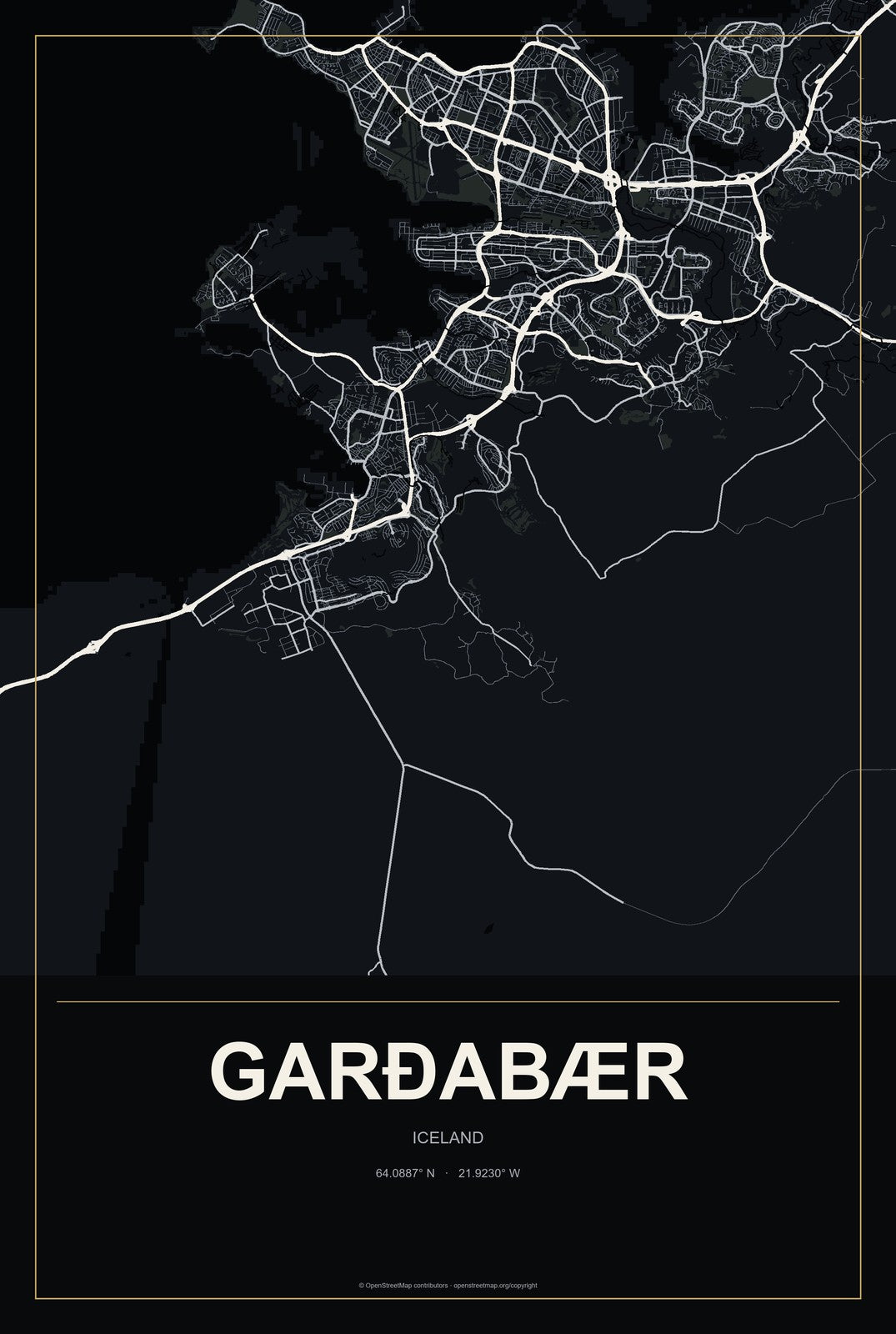 Garðabær, Iceland City Map Aluminum Sign in Metropolitan Noir style