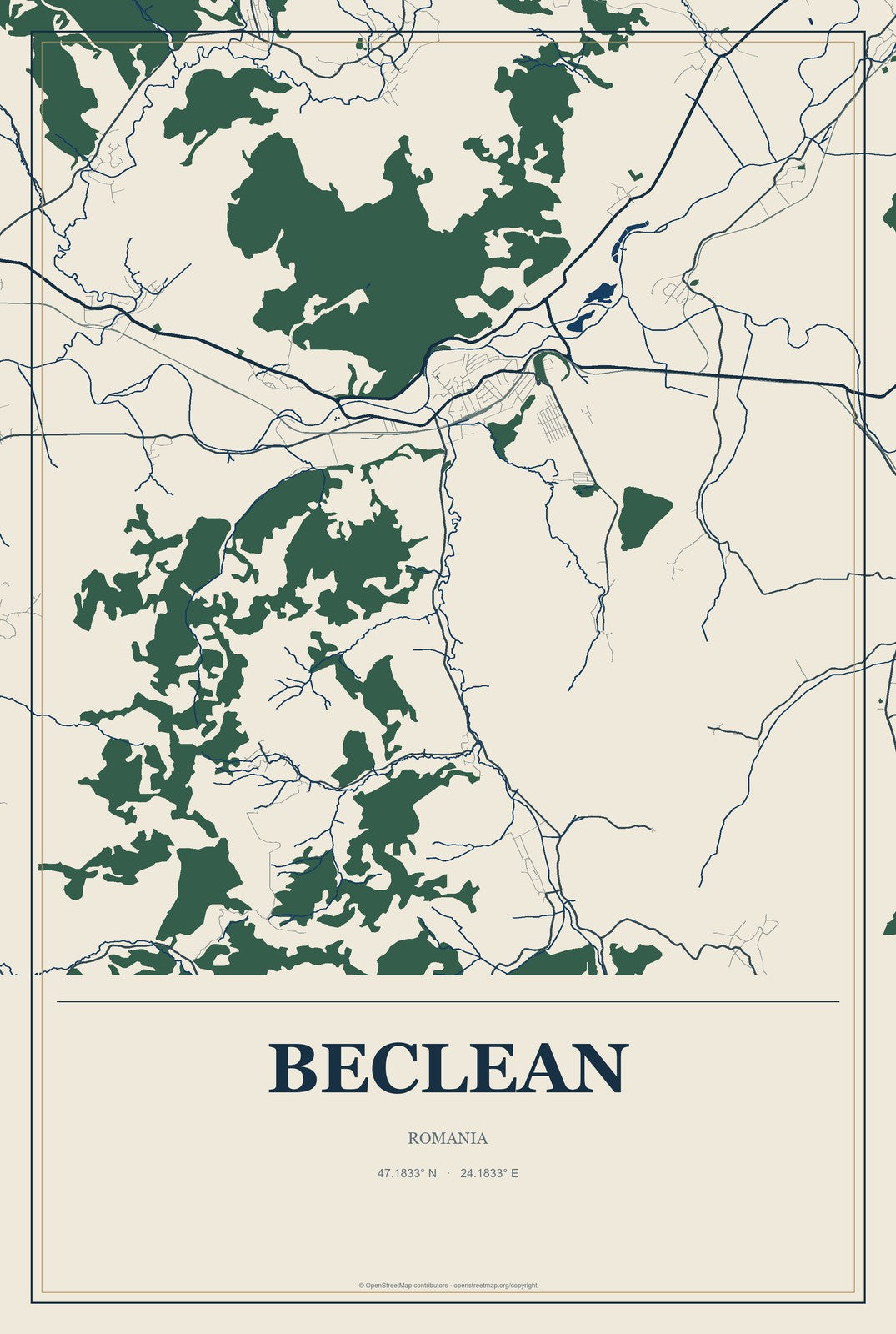 Beclean, Romania City Map Aluminum Sign in Coastal Cutout style