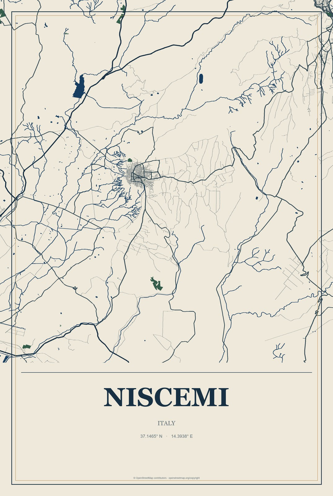 Niscemi, Italy City Map Aluminum Sign in Coastal Cutout style