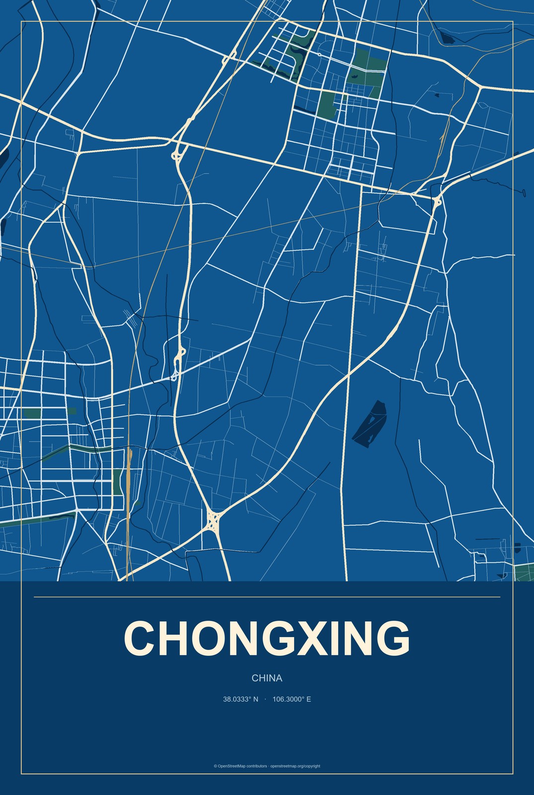 Chongxing, Ningxia, China City Map Aluminum Sign in Harbor Cobalt style