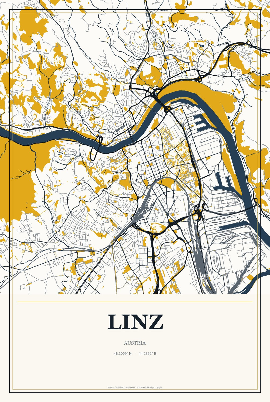 Linz, Austria City Map Aluminum Sign in Citrine Modern style