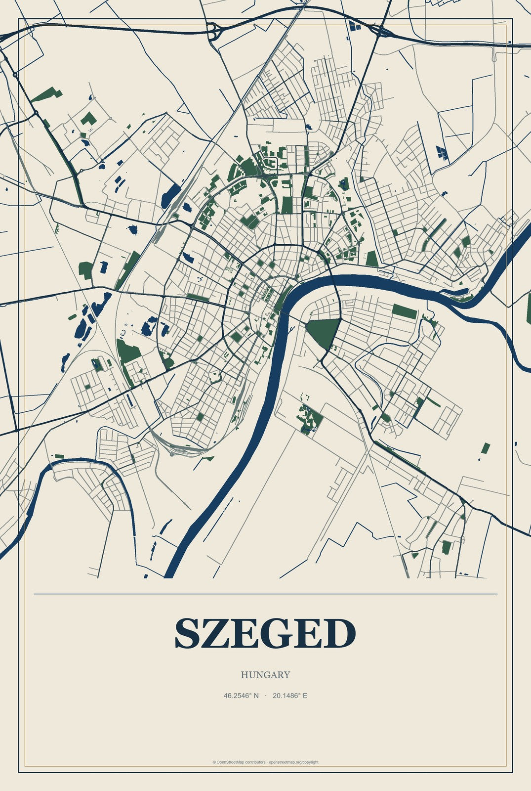 Szeged, Hungary City Map Aluminum Sign in Coastal Cutout style