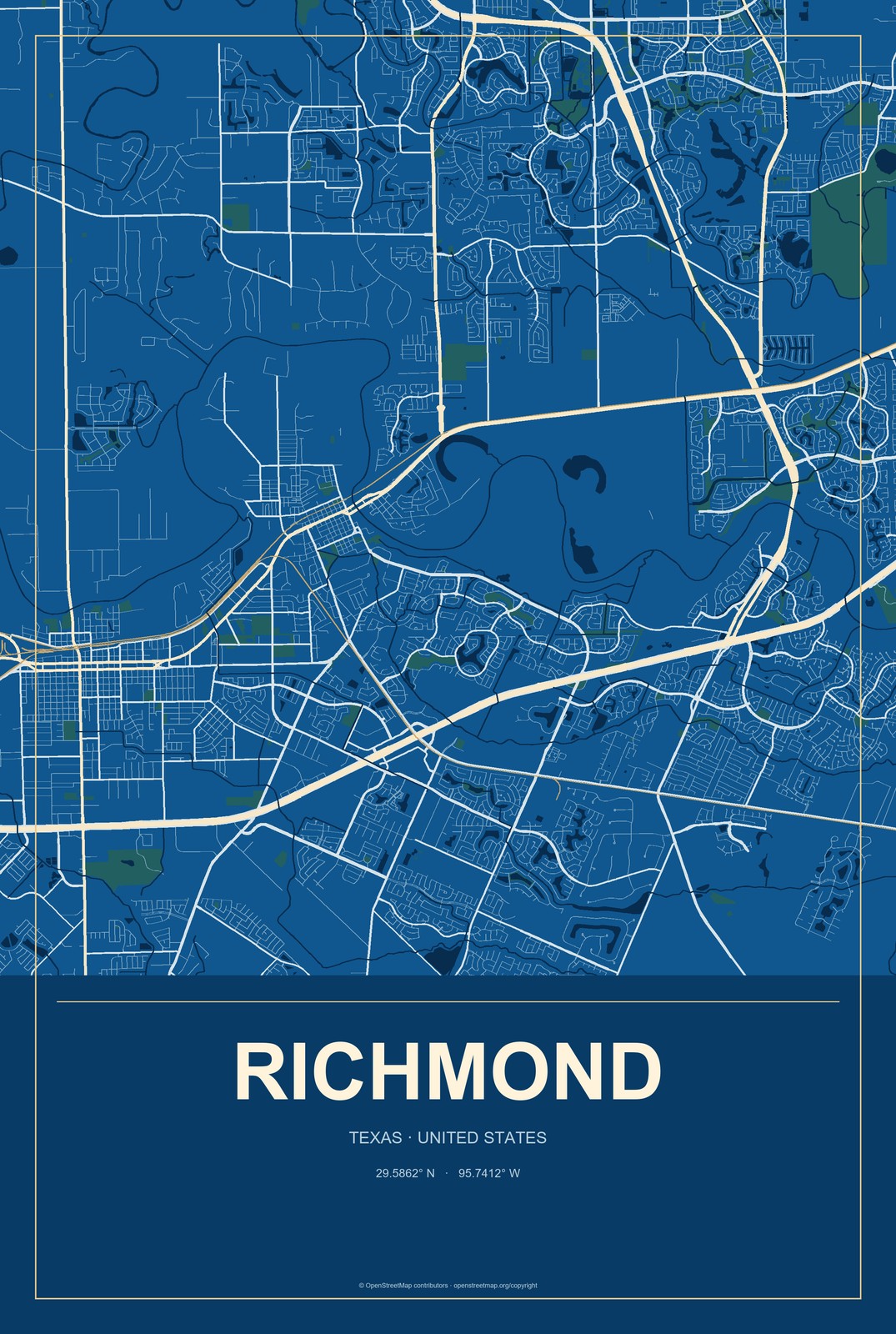 Richmond, Texas City Map Aluminum Sign in Harbor Cobalt style