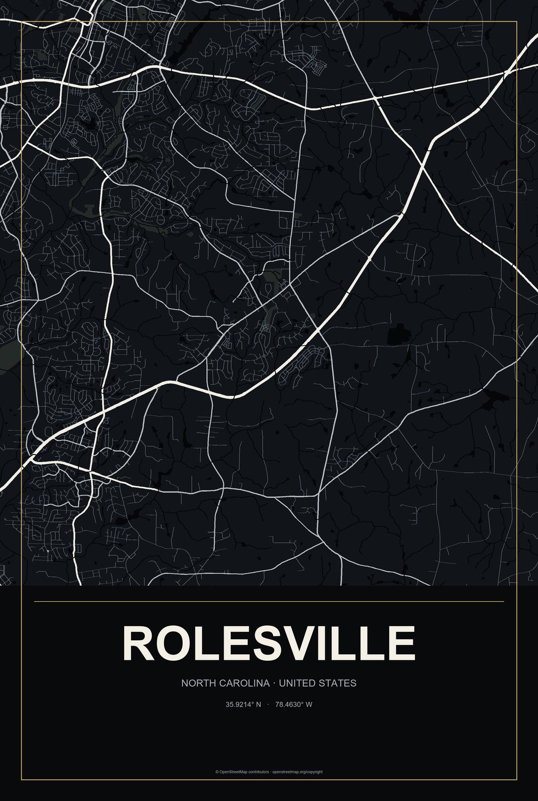 Rolesville, North Carolina City Map Aluminum Sign in Metropolitan Noir style