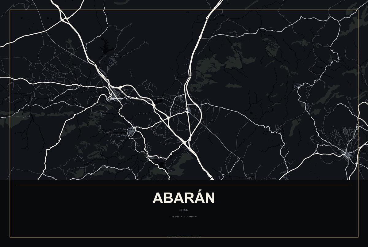 Abarán, Spain City Map Aluminum Sign in Metropolitan Noir style