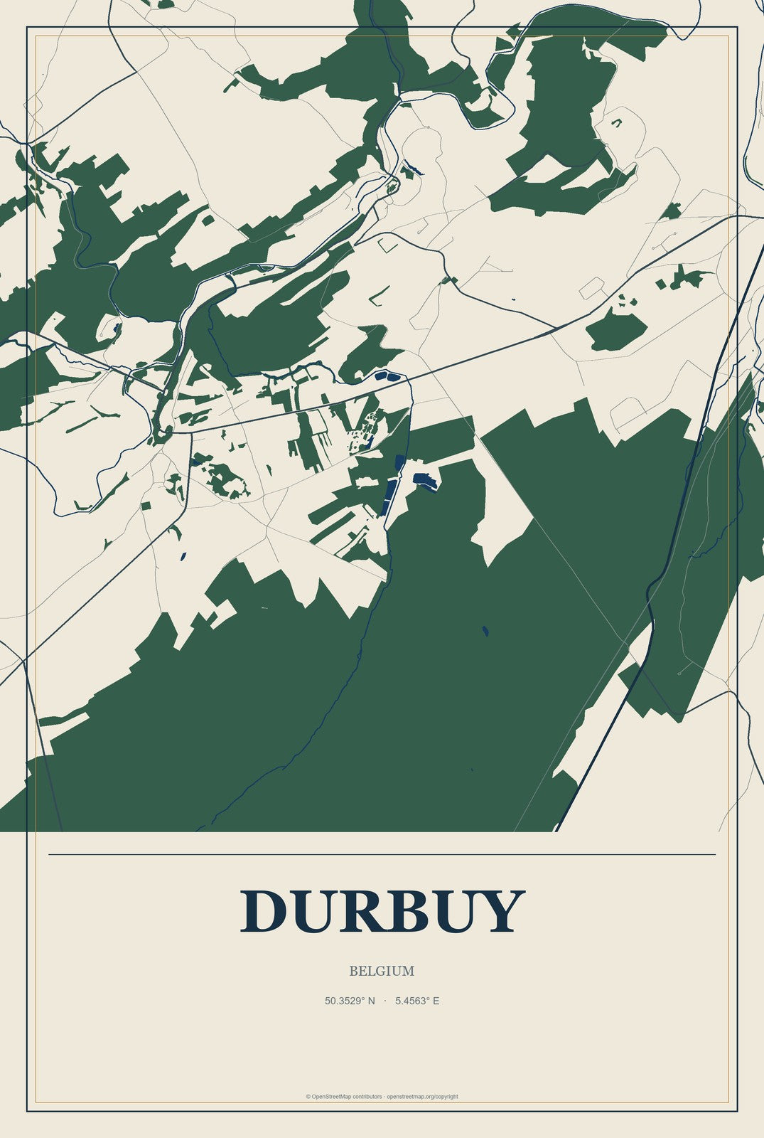 Durbuy, Belgium City Map Aluminum Sign in Coastal Cutout style