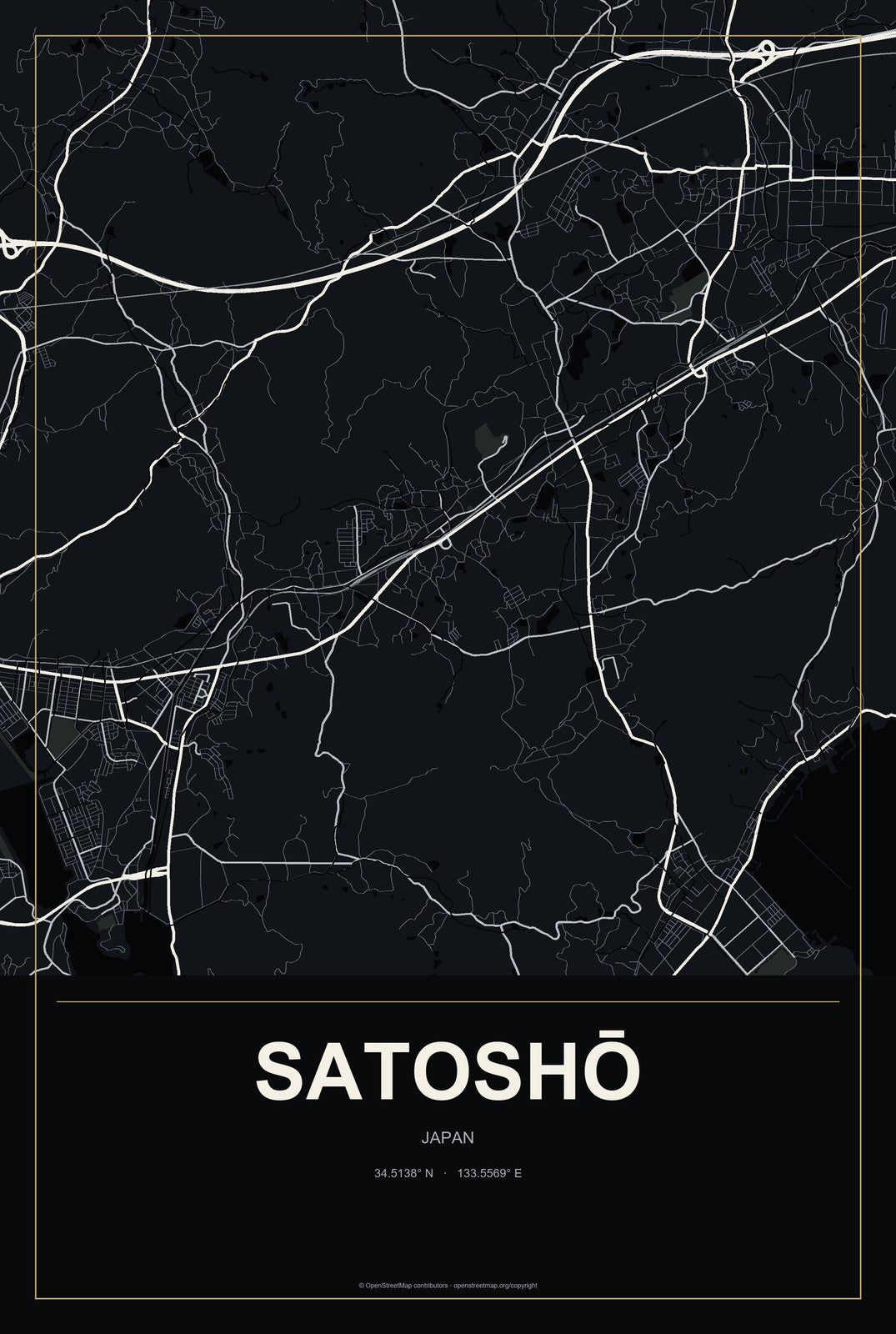 Satoshō, Japan City Map Aluminum Sign in Metropolitan Noir style