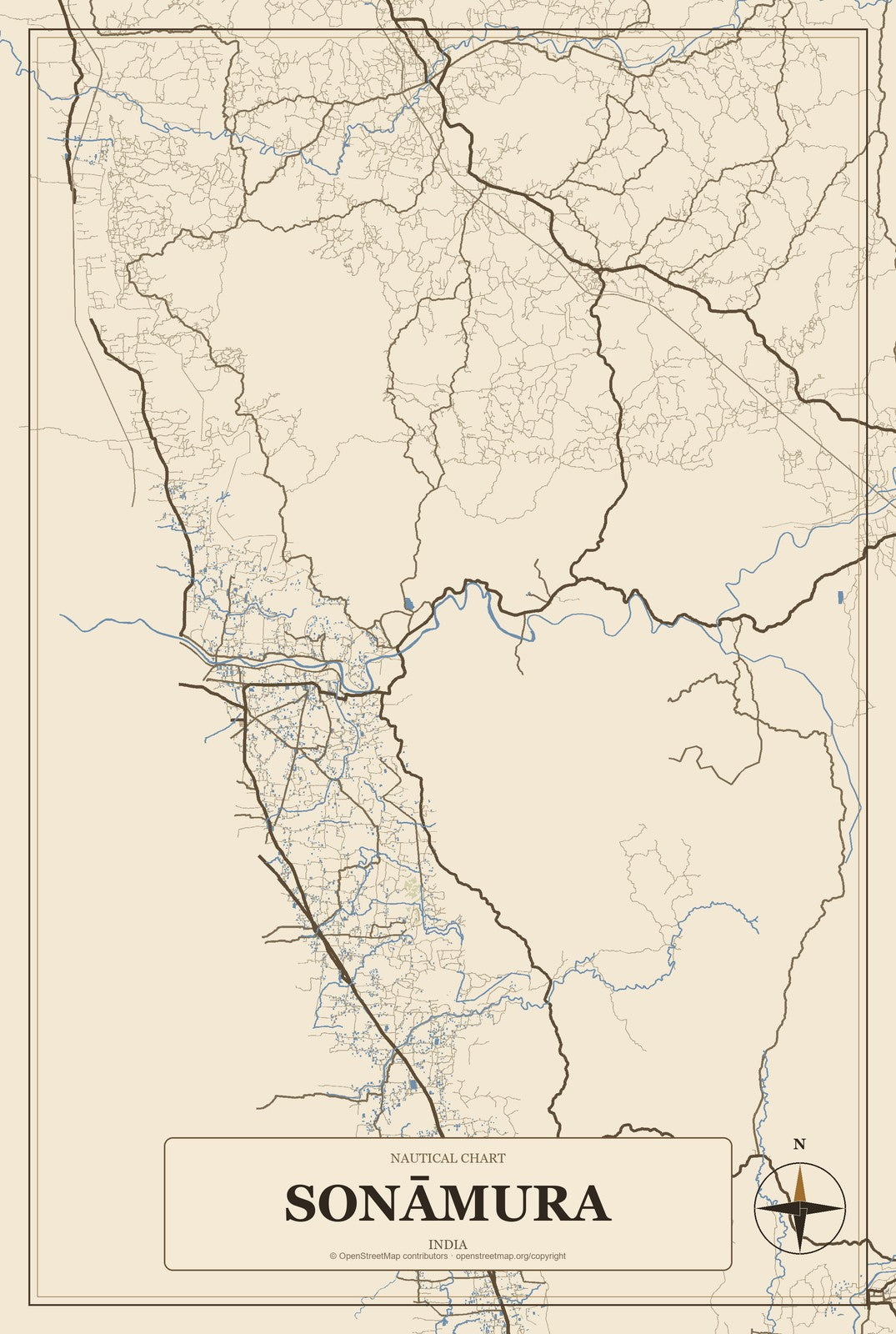 Sonāmura, India City Map Aluminum Sign in Heritage Nautical style