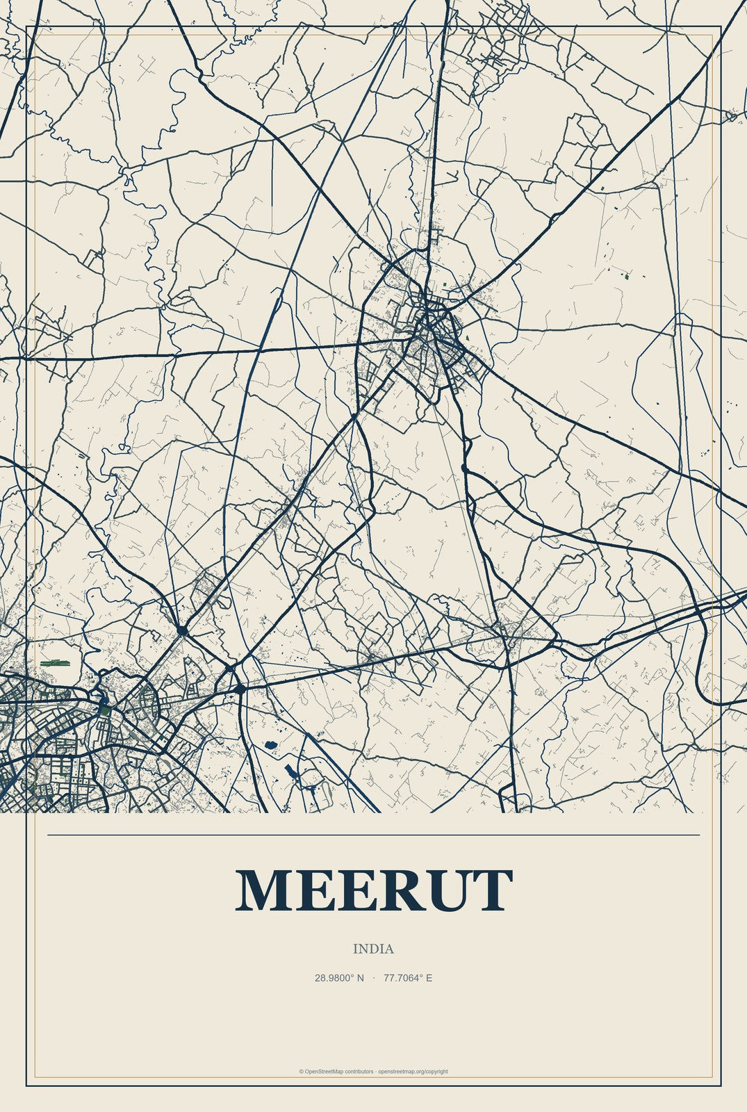 Meerut, India City Map Aluminum Sign in Coastal Cutout style