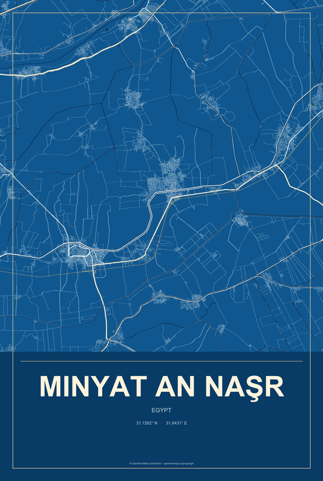 Minyat an Naşr, Egypt City Map Aluminum Sign in Harbor Cobalt style