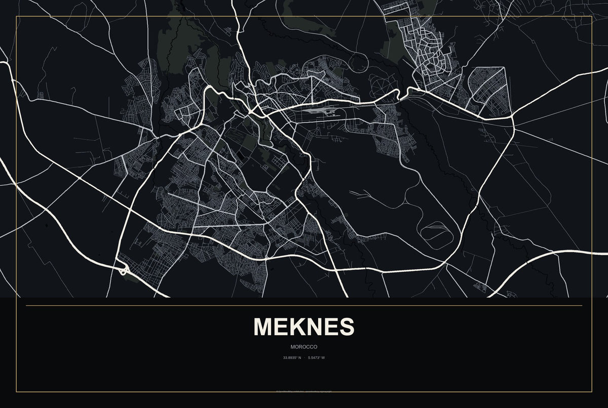 Meknes, Morocco City Map Aluminum Sign in Metropolitan Noir style