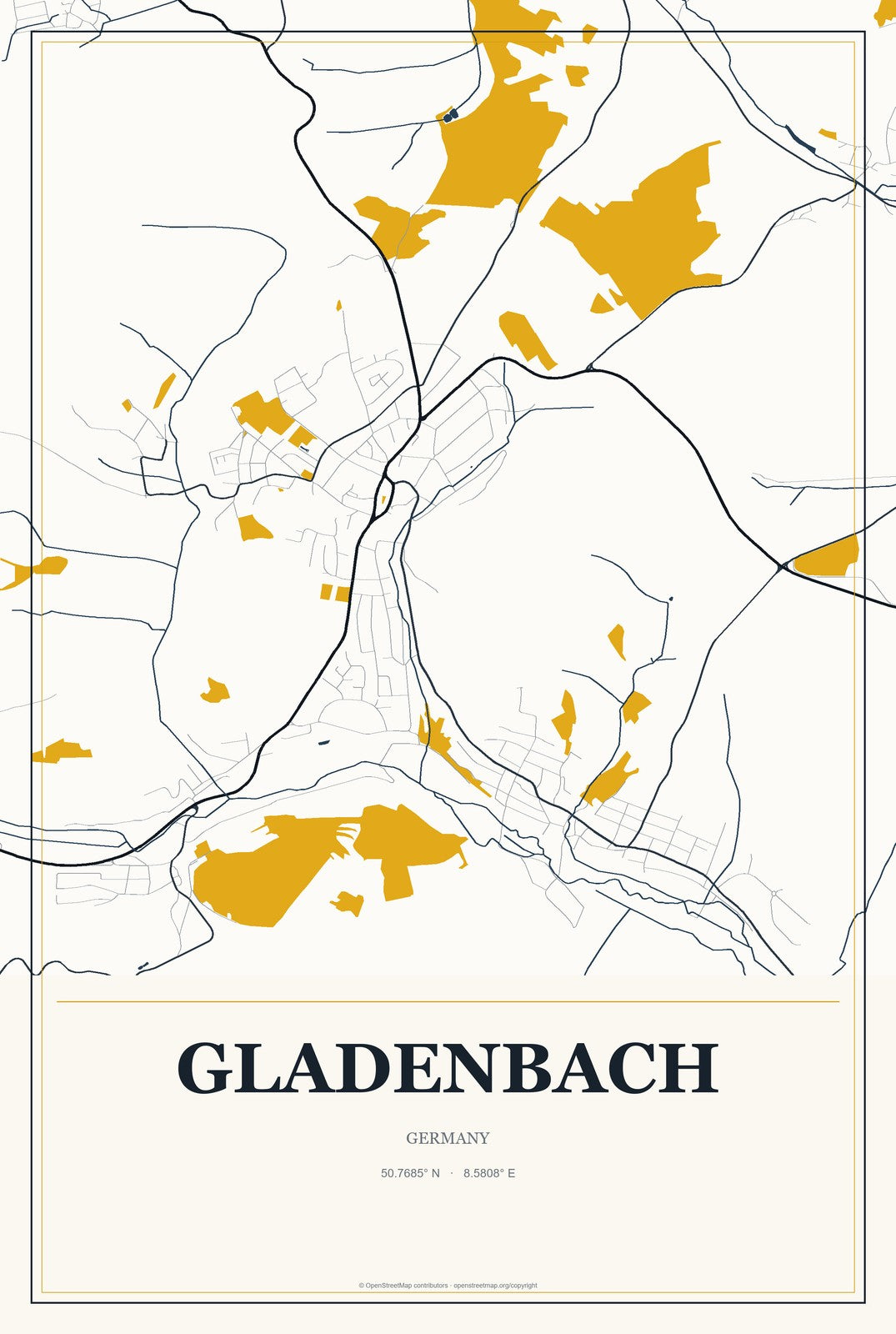 Gladenbach, Germany City Map Aluminum Sign in Citrine Modern style