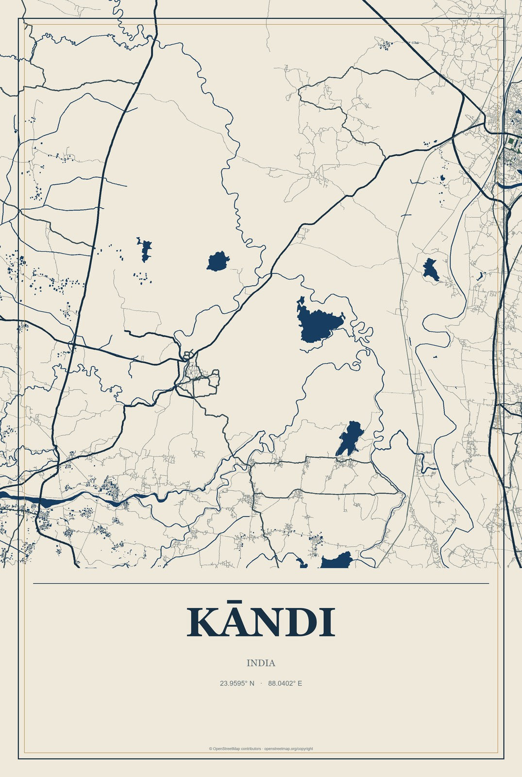 Kāndi, India City Map Aluminum Sign in Coastal Cutout style