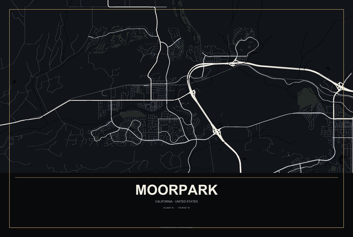 Moorpark, California City Map Aluminum Sign in Metropolitan Noir style