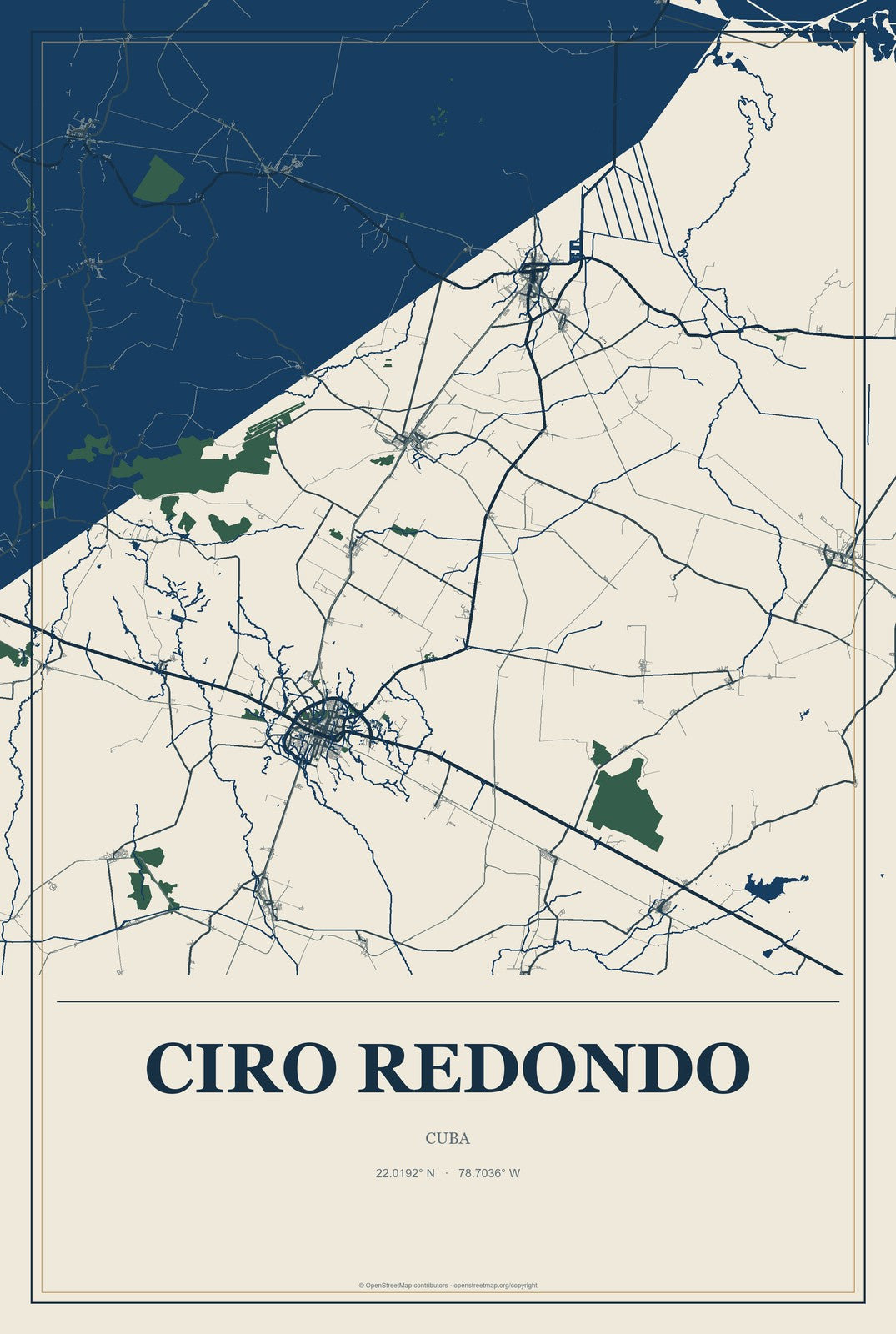 Ciro Redondo, Cuba City Map Aluminum Sign in Coastal Cutout style