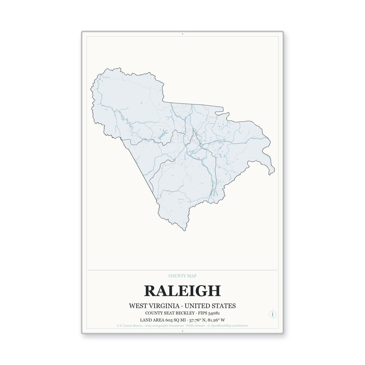 Raleigh County, West Virginia Map Aluminum Sign in Gallery Air style