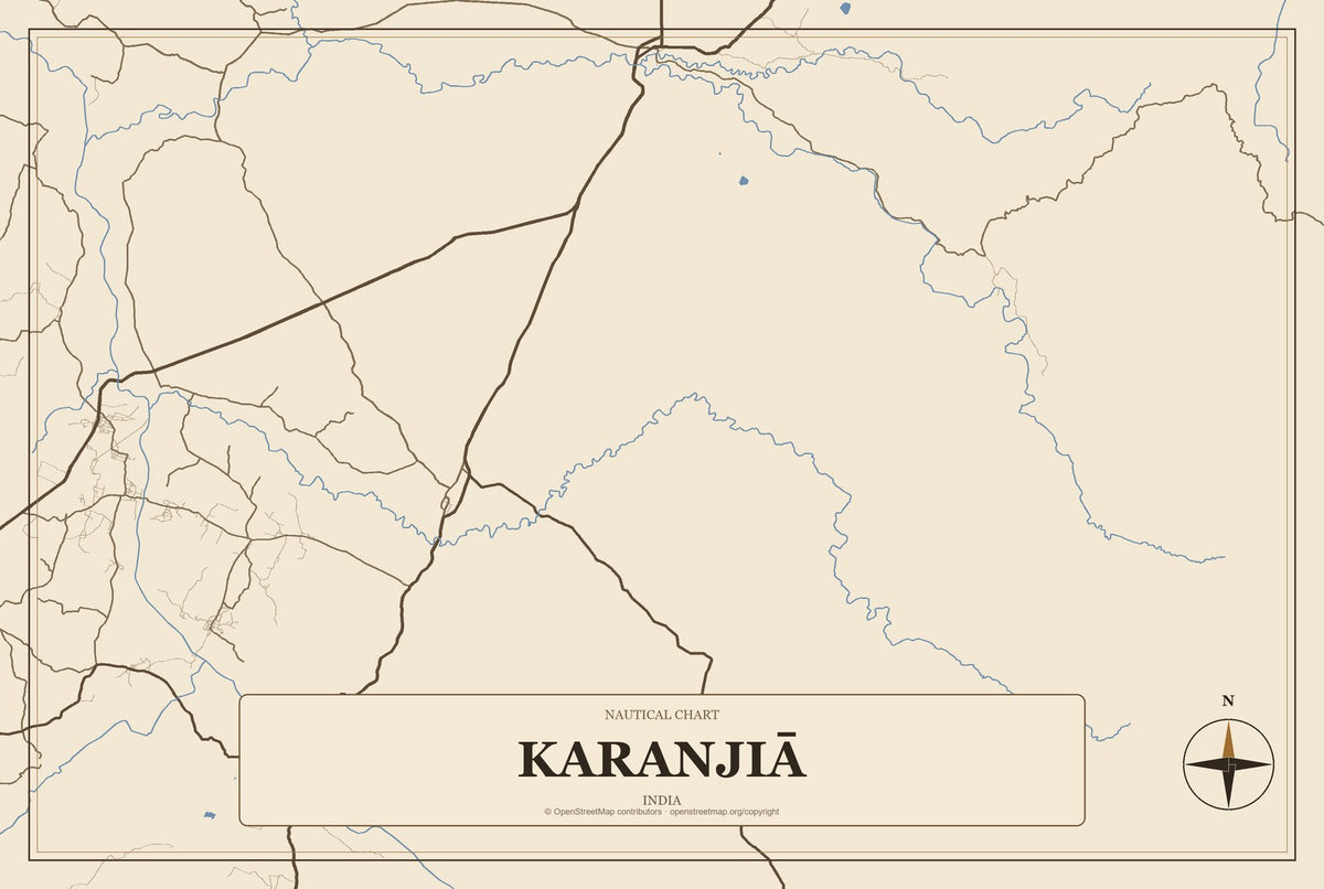 Karanjiā, India City Map Aluminum Sign in Heritage Nautical style