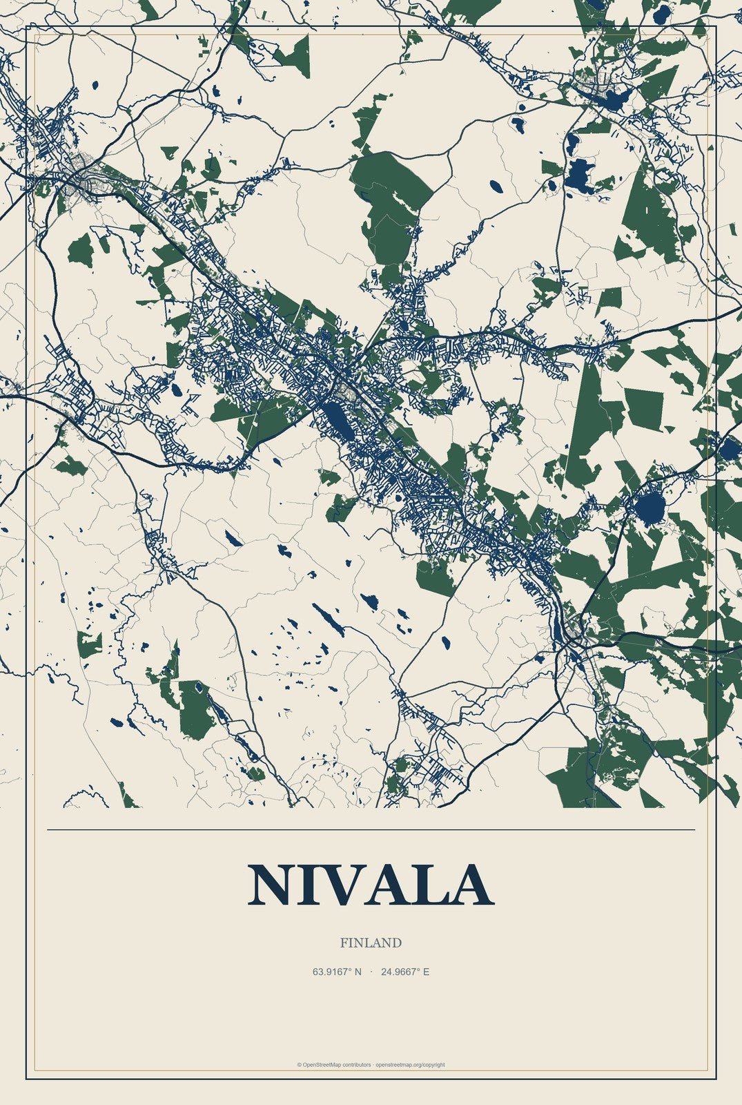 Nivala, Finland City Map Aluminum Sign in Coastal Cutout style