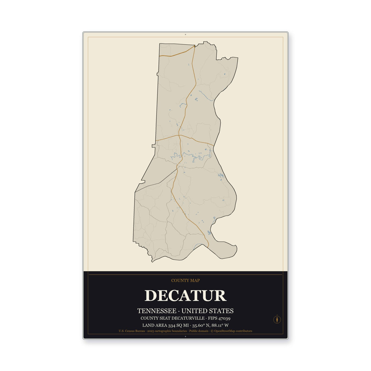 Decatur County, Tennessee Map Aluminum Sign in Museum Plaque style