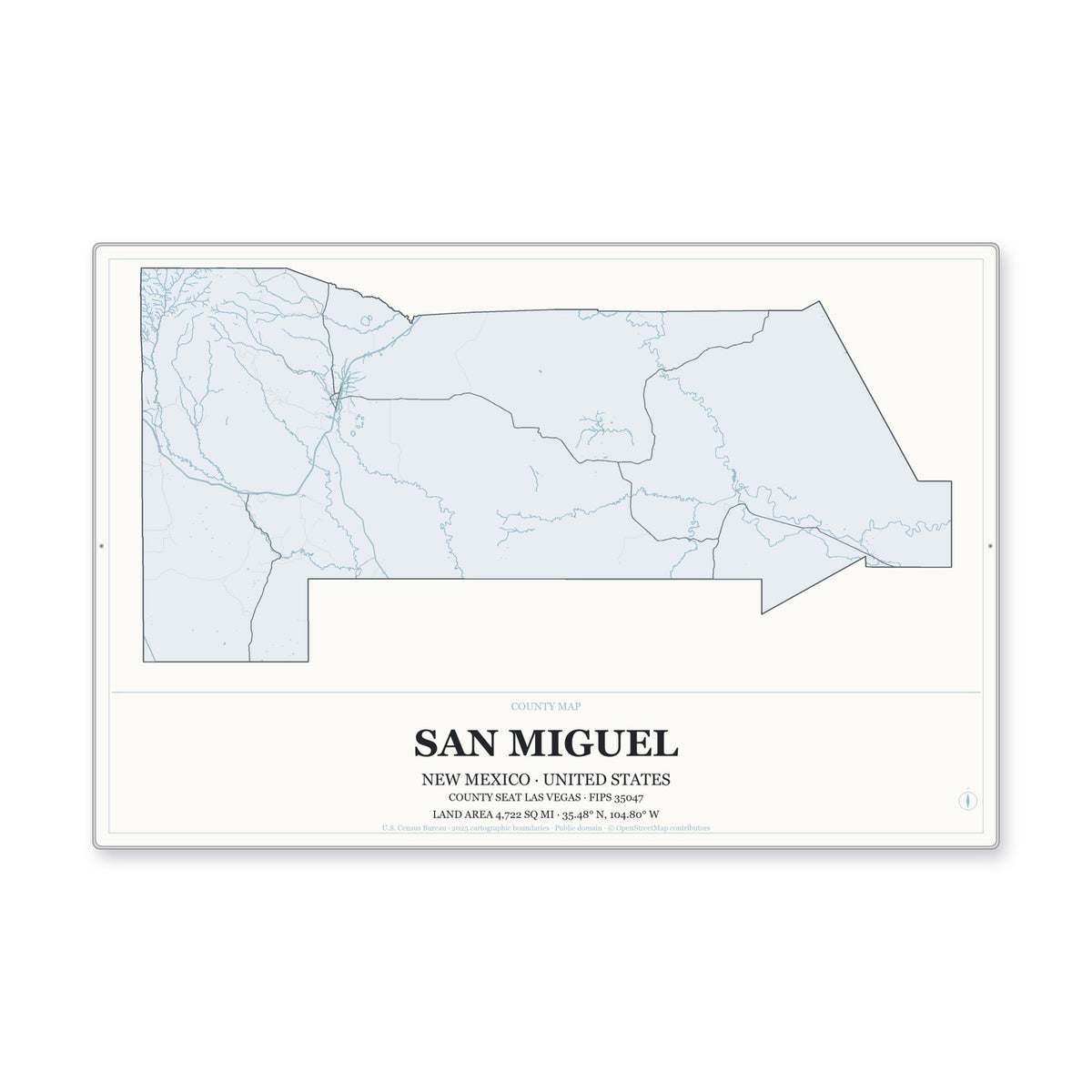 San Miguel County, New Mexico Map Aluminum Sign in Gallery Air style