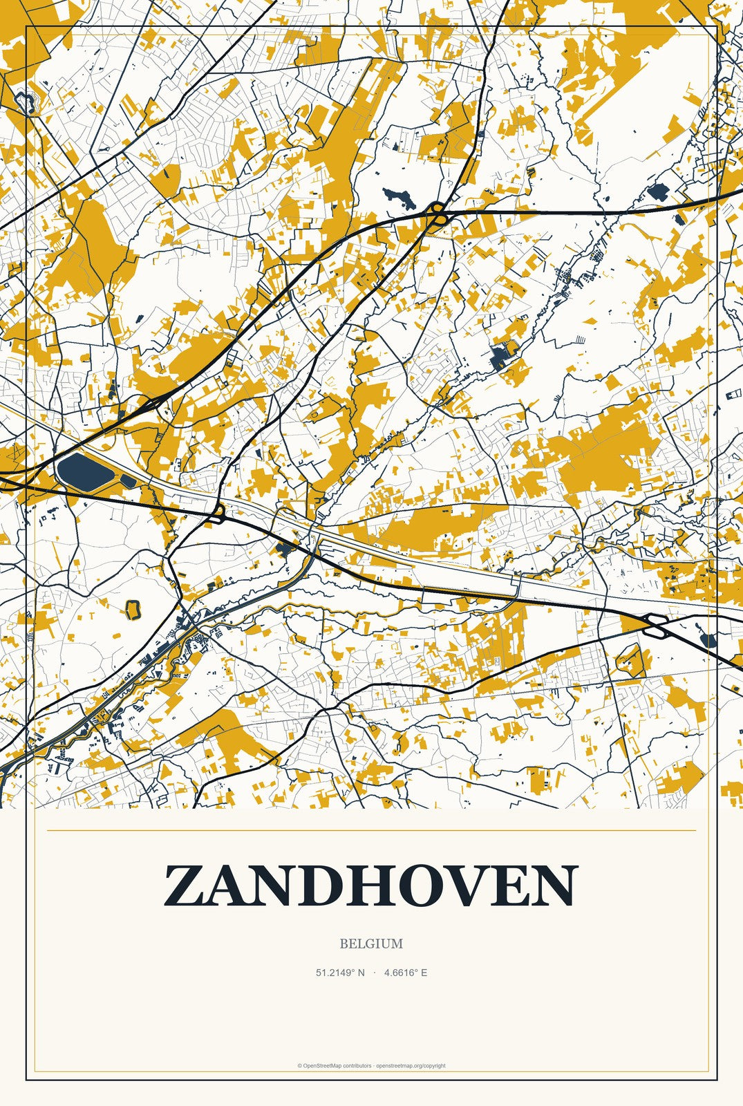 Zandhoven, Belgium City Map Aluminum Sign in Citrine Modern style