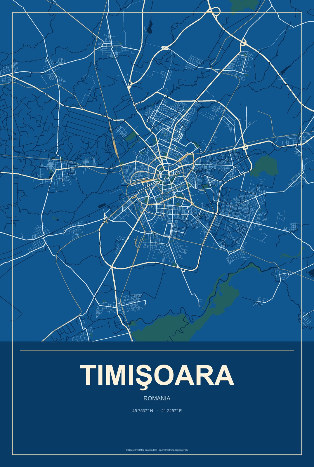 Timişoara, Romania City Map Aluminum Sign in Harbor Cobalt style