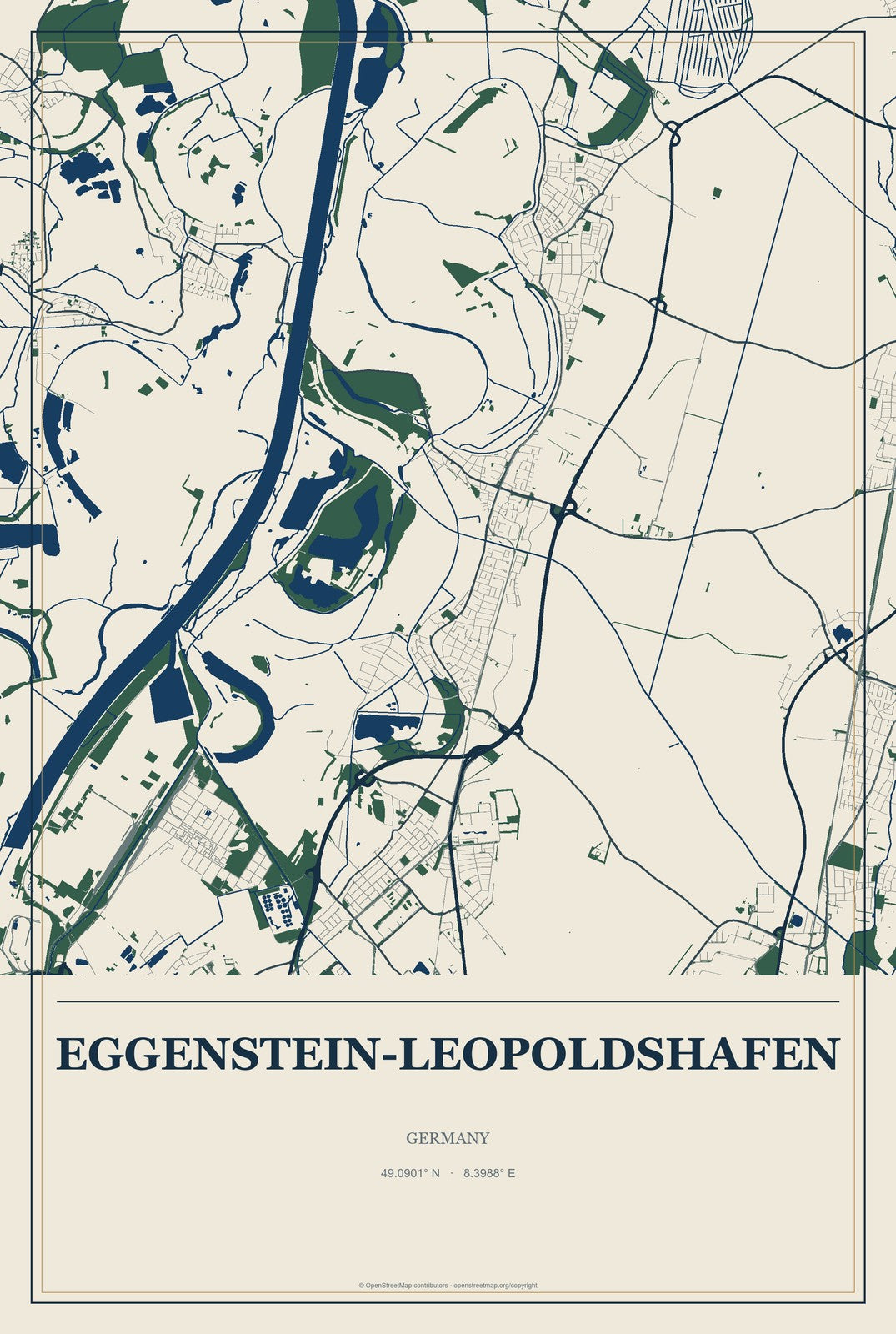 Eggenstein-Leopoldshafen, Germany City Map Aluminum Sign in Coastal Cutout style
