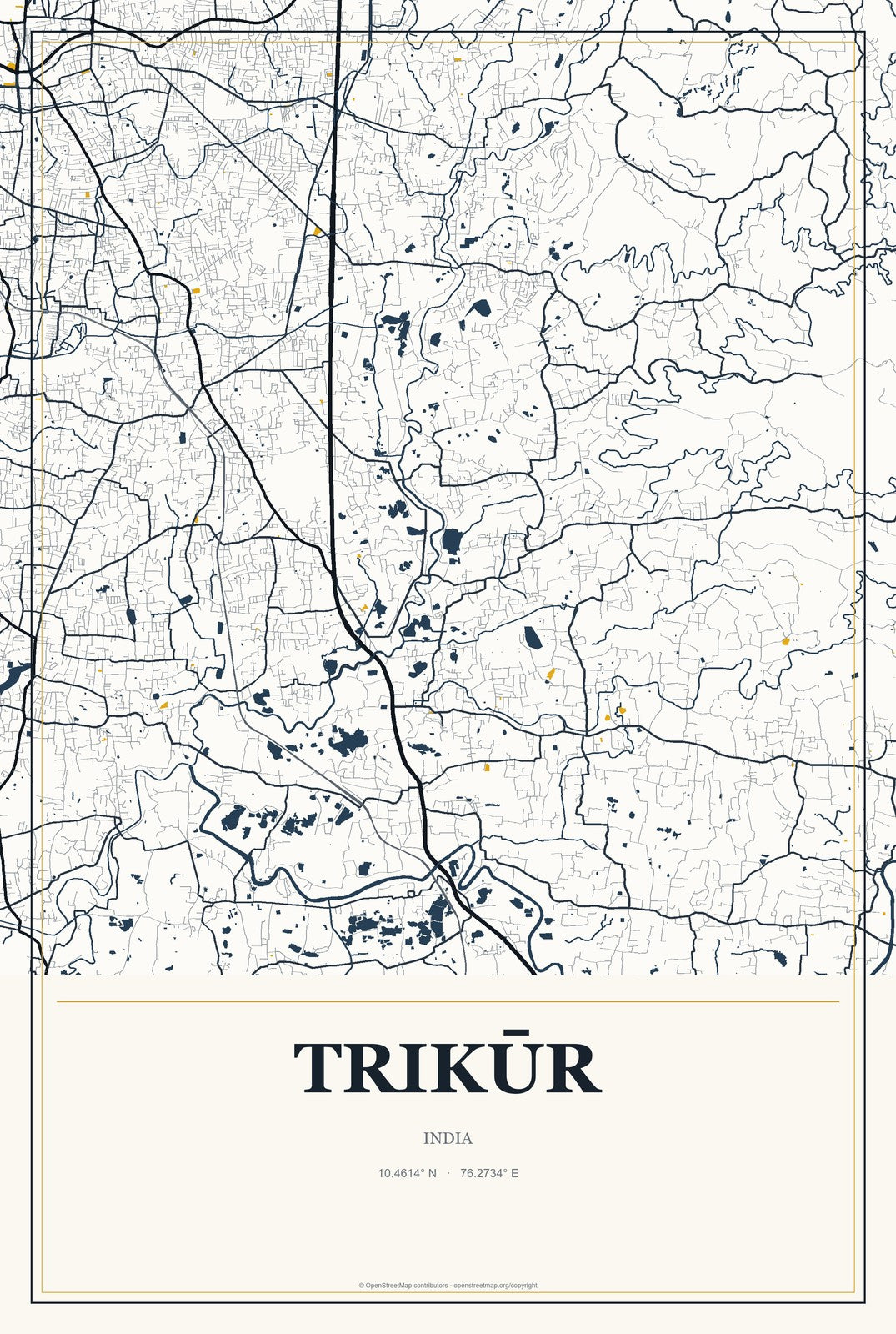 Trikūr, India City Map Aluminum Sign in Citrine Modern style