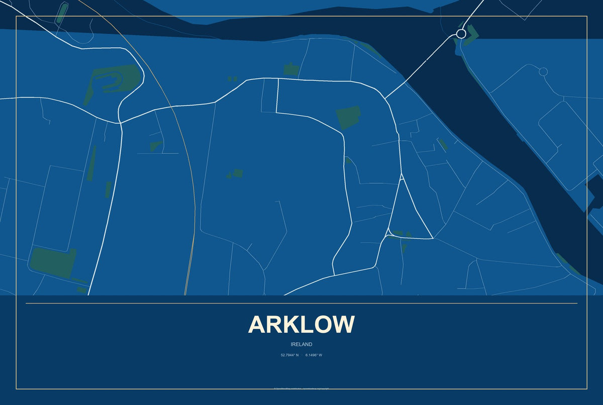 Arklow, Ireland City Map Aluminum Sign in Harbor Cobalt style