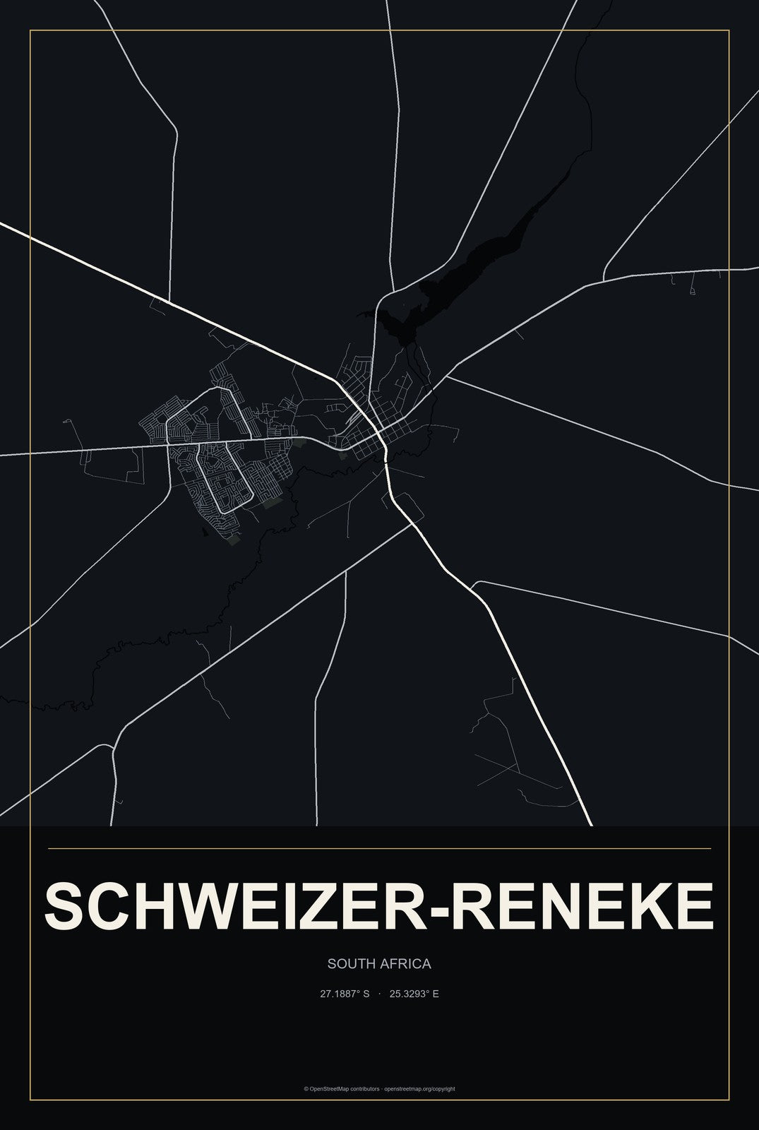 Schweizer-Reneke, South Africa City Map Aluminum Sign in Metropolitan Noir style