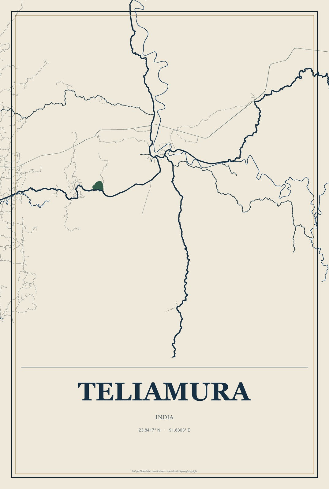 Teliamura, India City Map Aluminum Sign in Coastal Cutout style