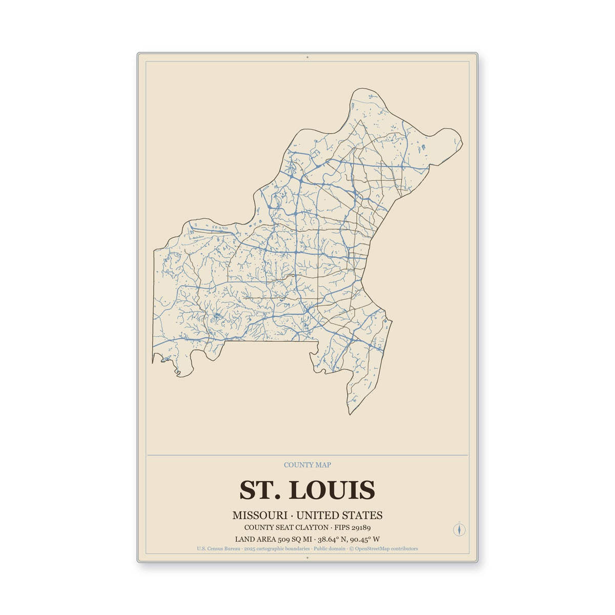 St. Louis County, Missouri Map Aluminum Sign in Heritage Nautical style