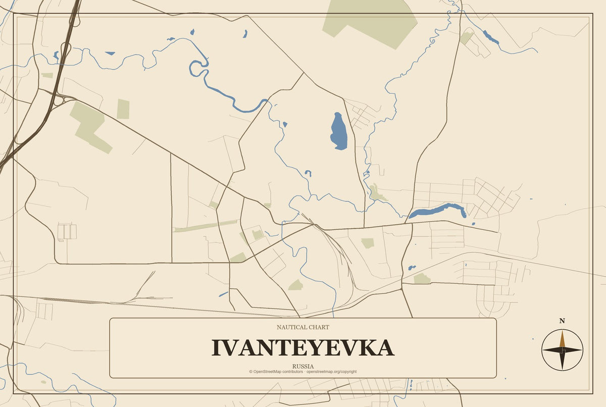 Ivanteyevka, Russia City Map Aluminum Sign in Heritage Nautical style