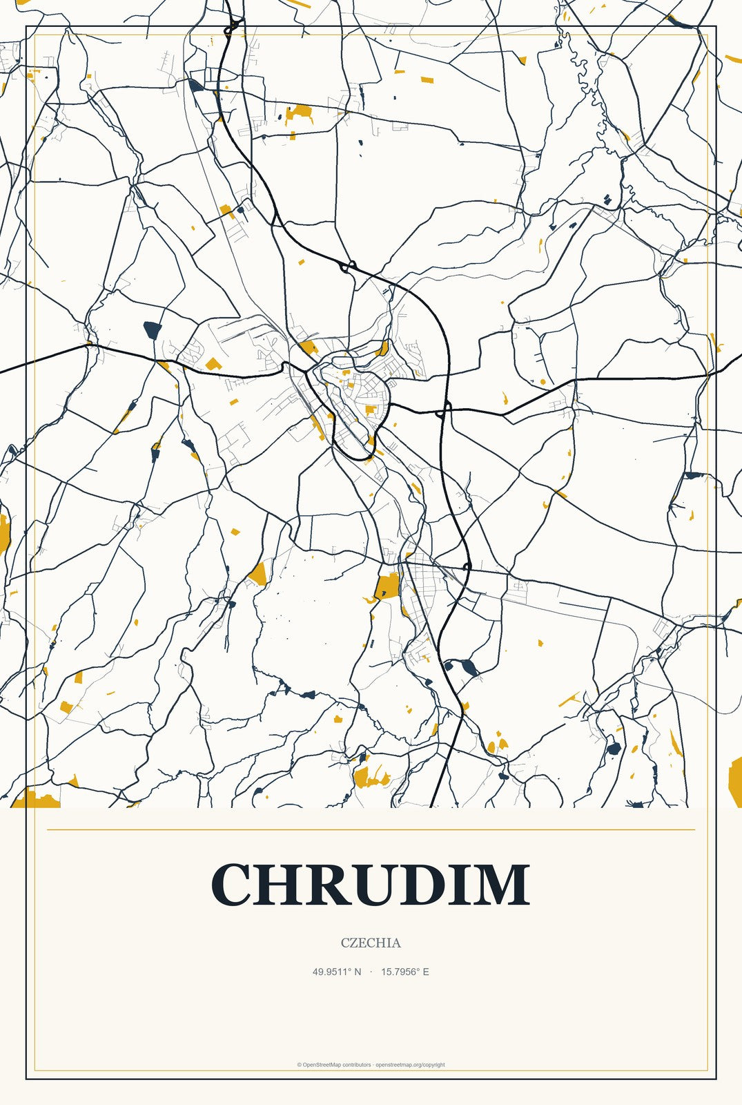 Chrudim, Czechia City Map Aluminum Sign in Citrine Modern style